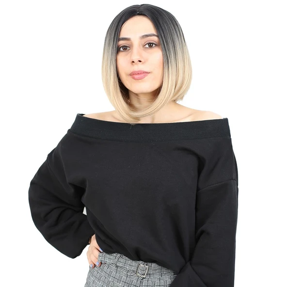 Kahkülsüz Düz Kısa Fiber Sentetik Peruk / Siyah / Balköpüğü Ombreli ürün görseli 1