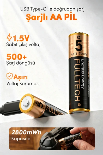 Şarj Edilebilir AA Pil Type-C Şarj  2’li Paket Şarlı Kalem Pil Fulltech FP28 ürün görseli 1