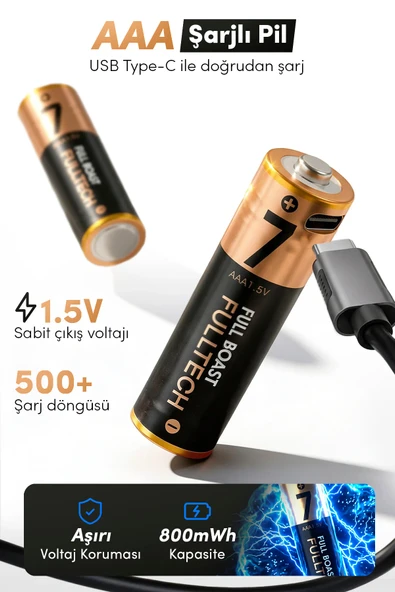 Şarj Edilebilir AAA Pil 2’li Set Type-C Şarjlı Uzun Ömürlü Fulltech FP29 ürün görseli 1