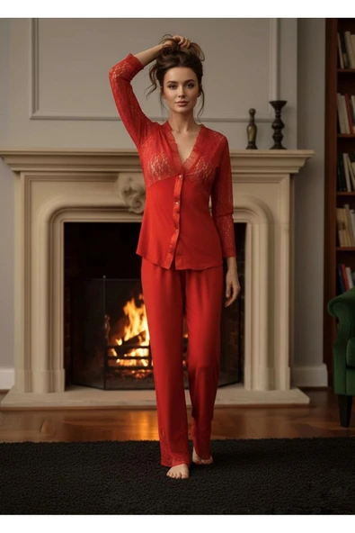 #Pijama Çeyizlik Dantel Detaylı Yumuşak Dokulu Rahat Kesim Şık Ev Giyim Kırmızı Penye Pijama Takımı ürün görseli 1