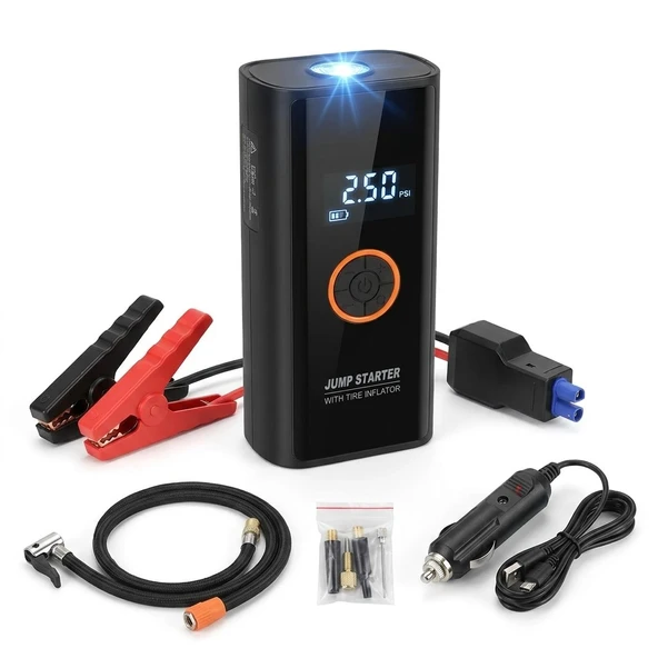 Akü Takviye Cihazı ve Lastik Şişirme Pompası - Powerbank Özellikli, Dijital Ekranlı SOS Fenerli Taşınabilir Kompresör ürün görseli 1