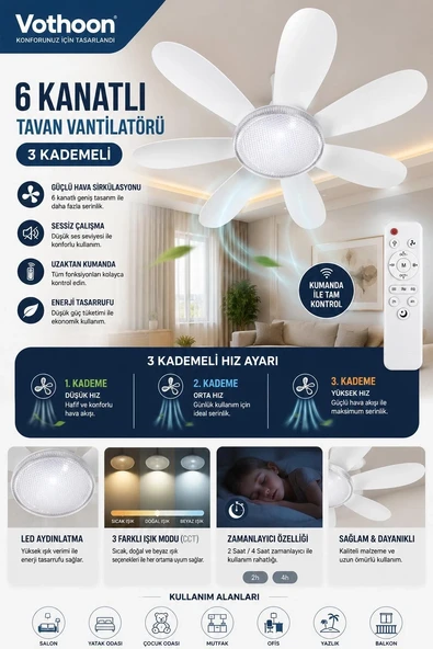 6 Kanatlı 3 Kademeli Led Aydınlatmalı Uzaktan Kumandalı Tavan Vantilatörü ürün görseli 1