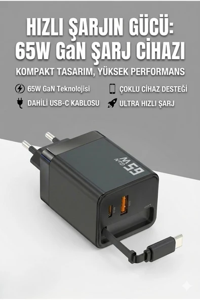 65W Süper Hızlı Şarj Cihazı | Dahili Type-C Kablo | USB-C & USB-A Çıkış | Çoklu Cihaz Desteği ürün görseli 1
