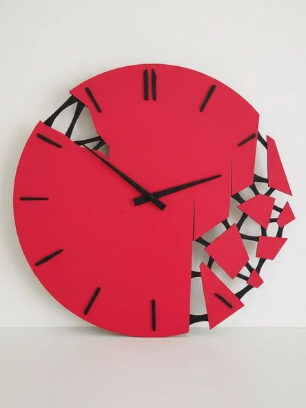 Modern Ahşap Kırık Model Kırmızı Duvar Saati ürün görseli 1