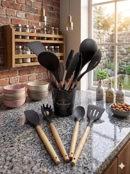 12 Parça Bambu Saplı Silikon Mutfak Gereçleri Seti - Siyah Mutfak Servis Seti ürün görseli 1