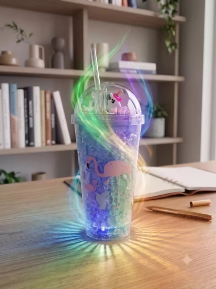 Işıklı Unicorn ve Flamingo Desenli Çift Katmanlı Jel Buzlu Pipetli Bardak - 450ml - Renk Değiştiren LED Tabanlı ürün görseli 1