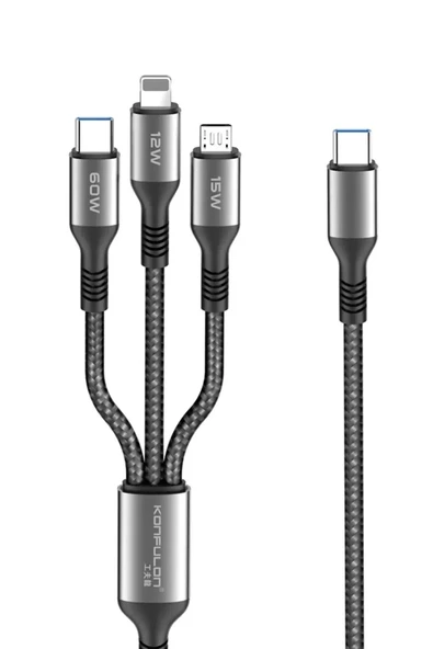 DC62 3in1 Type-C to 60W Type-C / 12W Lightning / 15W Micro 1.2M Hızlı Şarj Kablo - Siyah ürün görseli 1