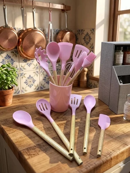 12 Parça Bambu Saplı Silikon Mutfak Gereçleri Seti - Pembe Mutfak Servis Seti ürün görseli 1