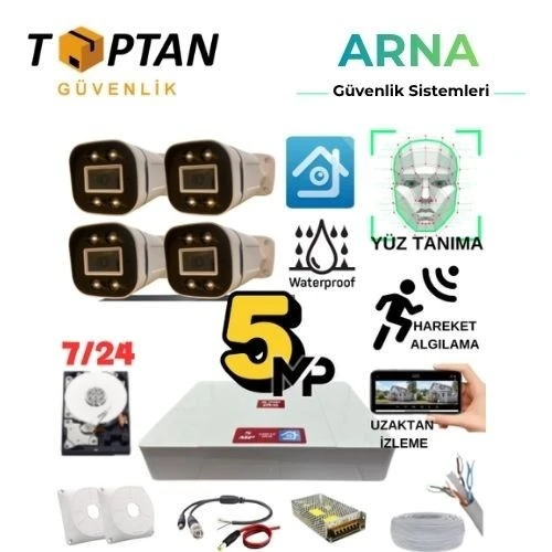 5 Mp Gece Renkli Yüz Tanıma Sesli H.265 500 GB HDD Dahil 4 Kameralı Ahd Güvenlik Seti ürün görseli 1