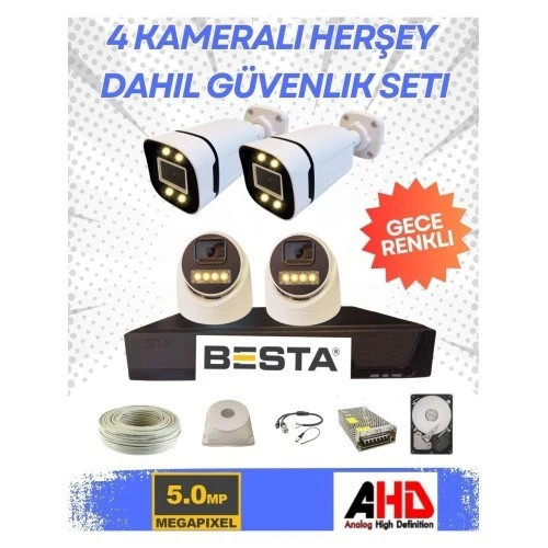 2 Iç 2 Dış 4 Kameralı Gece Renkli Sesli 5 Mp 320 GB HDD Dahil Ahd Güvenlik Kamera Seti ürün görseli 1