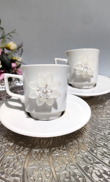 KİRLİNOVA® KREM ÇİÇEK 2'Lİ PORSELEN FİNCAN TAKIMI ürün görseli 1