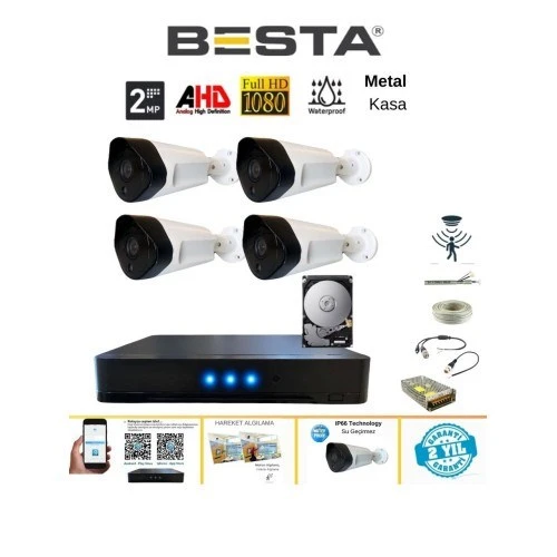 2 Mp 1080P 4 Metal Kasa Kameralı Dış Mekan Ahd Güvenlik Sistemi 250 GB HDD Dahil ürün görseli 1