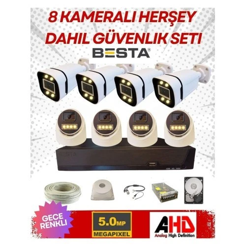 4 Iç 4 Dış 8 Kameralı Gece Renkli Sesli 5 Mp 250 GB HDD Dahil Ahd Güvenlik Kamera Seti ürün görseli 1