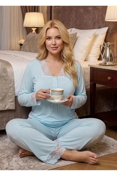 #Pijama Çeyizlik Kaliteli Dantelli Rahat Şık Yumuşak Zarif Esnek Kadın Mavi Penye Pijama Takımı ürün görseli 1