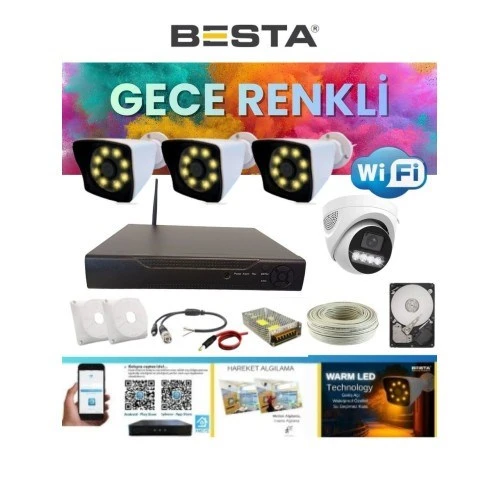 3 Dış 1 Iç 4 Kameralı Gece Renkli Wıfı Ozellikli 500 GB HDD Dahil Güvenlik Kamera Seti ürün görseli 1