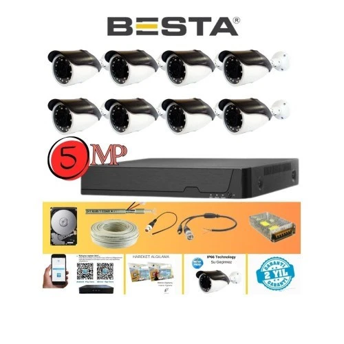 Gerçek 5 Mp Metal Kasa 8 Kameralı Ahd Güvenlik Seti 320 GB HDD Dahil ürün görseli 1