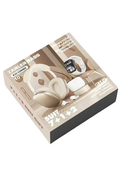 K32 Kombo 7 Adet Kordon Akıllı Saat Airpods Kulaklık Kafa Üstü Kablosuz Kulaklık Set - Beyaz ürün görseli 1