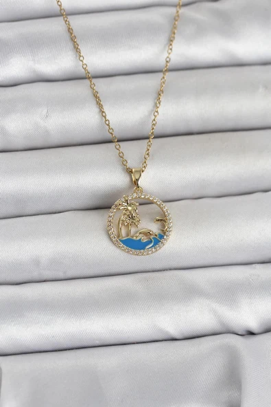 316L Çelik Zincir Gold Renk Zirkon Taşlı Deniz Temalı Kadın Kolye ürün görseli 1