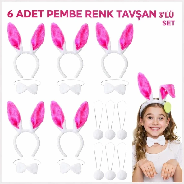  Şeker Pembesi Tavşan Sahne Seti 6'lı Set Taç Papyon Kuyruk ürün görseli 1