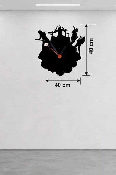 Rock Band ve Müzik Temalı Ahşap Duvar Saati - 40x40 cm Lazer Kesim ürün görseli 1