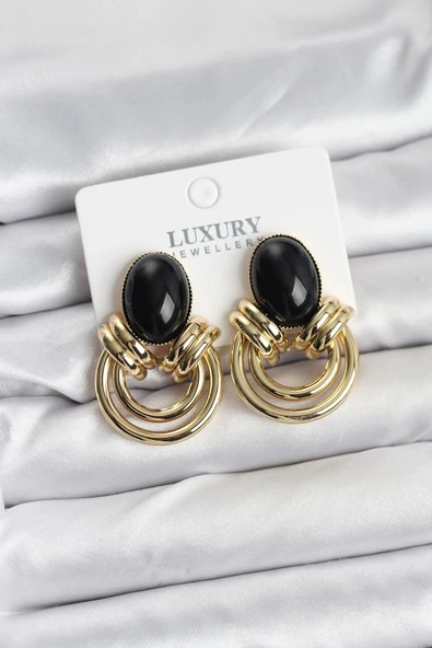 Pirinç Gold Renk Siyah Taşlı Vintage Kadın Küpe ürün görseli 1