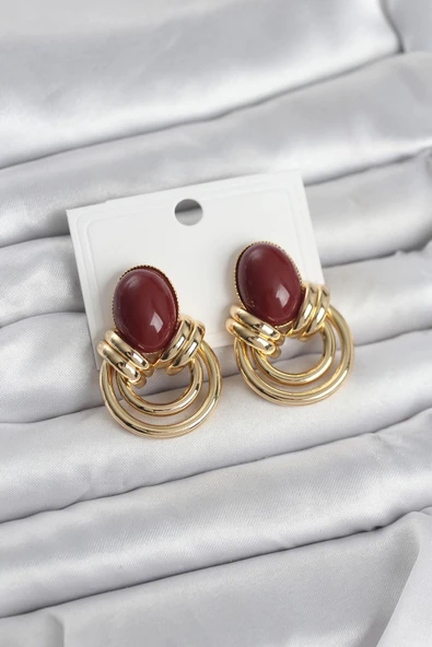 Pirinç Gold Renk Bordo Taşlı Vintage Kadın Küpe ürün görseli 1