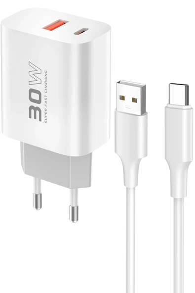 C89Q 1 Adet 30W Type-C ve 1 Adet 22.5W USB Çıkışlı Ekstra DL49 1M USB to Type-C Kablolu PD Şarj Cihazı - Beyaz ürün görseli 1