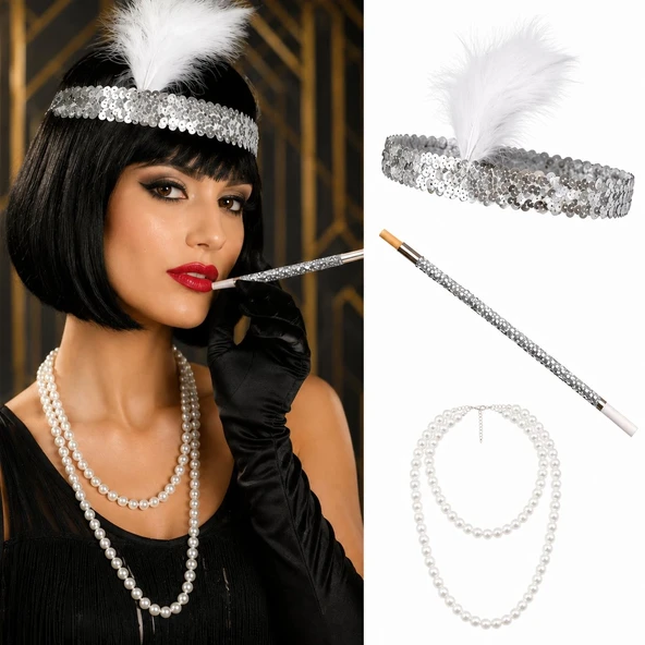 1920'Ler Gatsby Gümüş Parti Seti - Çarliston Saç Bandı, İnci Kolye Tutacağı ürün görseli 1