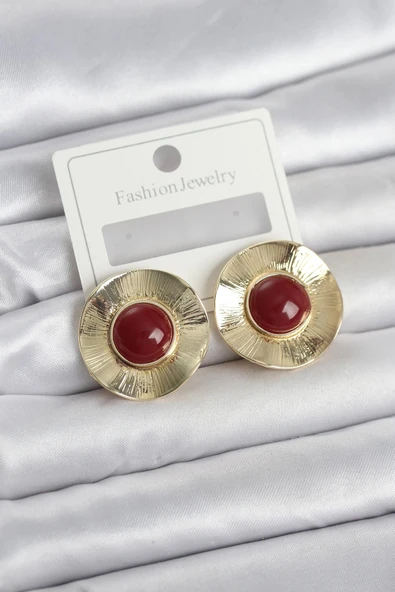 Vintage Model Bordo Gold Renk Pirinç Kadın Küpe ürün görseli 1