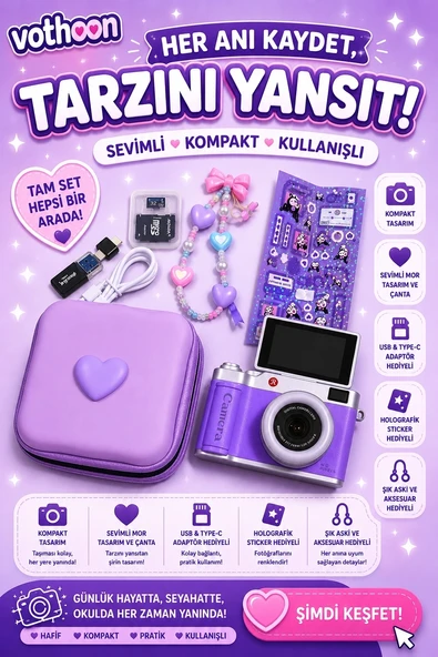 4K Çantalı Dijital Video Kamera 48Mp 16X Zoom Işıklı (32Gb) Kart Dijital Fotoğraf Makinesi Mor ürün görseli 1