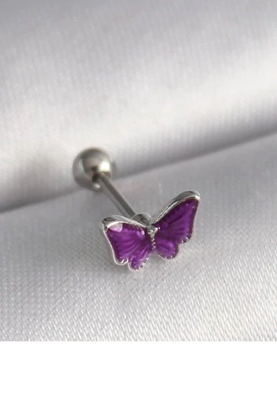 316L Çelik Gümüş Renk Mor Kelebek Model Tragus Piercing ürün görseli 1