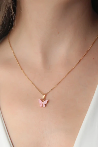 Gold Pembe Renk Kelebek Figür Kadın Kolye ürün görseli 1