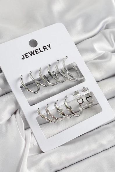 Pirinç Karışık Halka Model Gümüş Renk 6 Çift Kadın Küpe Set ürün görseli 1