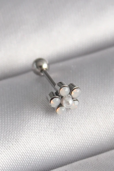 316L Çelik Gümüş Renk Zirkon Taşlı Çiçek Model Tragus Piercing ürün görseli 1