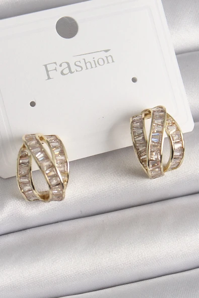 Pirinç Gold Renk Zirkon Taşlı Düğüm Halka Model Kadın Küpe ürün görseli 1