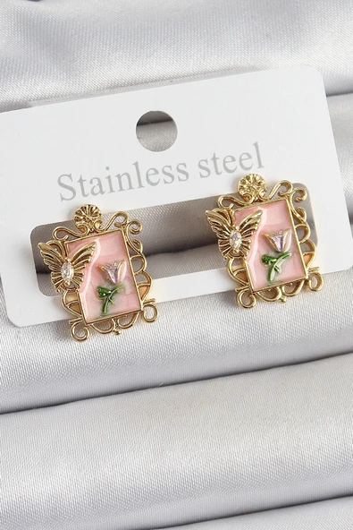 Pirinç Pembe Mineli Sanatsal Portre Model Gold Renk Kadın Küpe ürün görseli 1