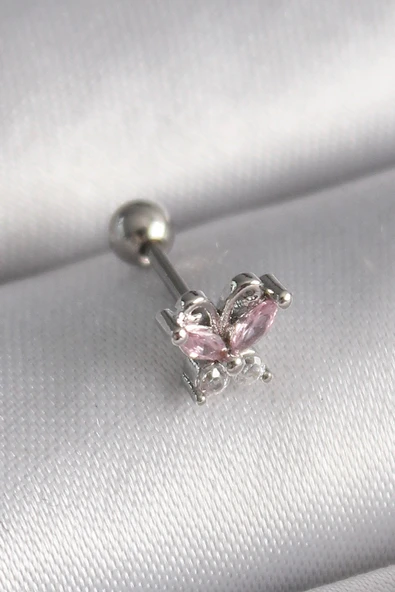 316L Çelik Gümüş Renk Pembe Zirkon Taşlı Kelebek Tragus Piercing ürün görseli 1