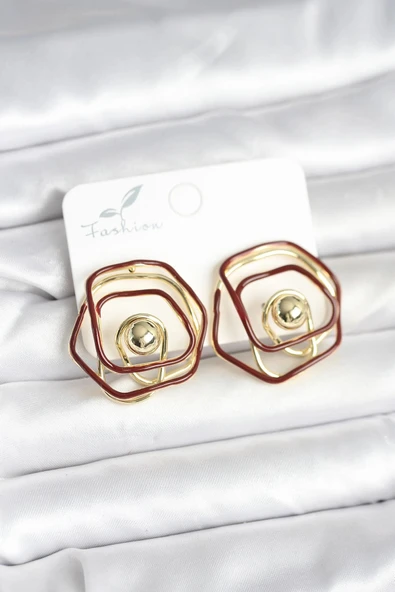 Pirinç Gold Renk Bordo Mineli Geometrik Gül Model Kadın Küpe ürün görseli 1