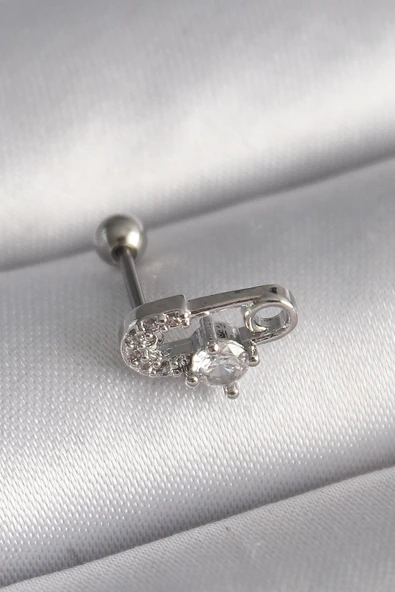 316L Çelik Gümüş Renk Zirkon Taşlı Toplu İğne Tragus Piercing ürün görseli 1