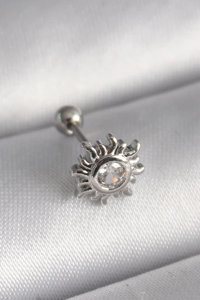 316L Çelik Gümüş Renk Zirkon Taşlı Güneş Tragus Piercing ürün görseli 1
