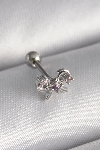 316L Çelik Gümüş Renk Zirkon Taşlı Kurdele Tragus Piercing ürün görseli 1