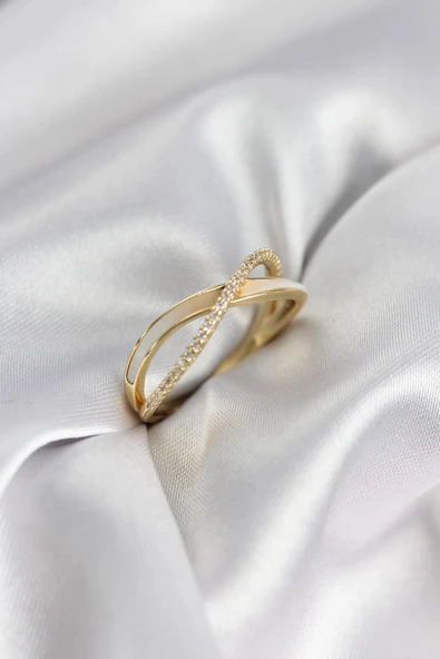 Zirkon Taşlı Sarmal Sedefli Gold Renk Kadın Yüzük ürün görseli 1