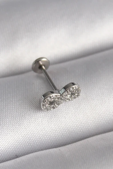 316L Çelik Gümüş Renk Zirkon Taşlı Sonsuzluk Model Tragus Piercing ürün görseli 1