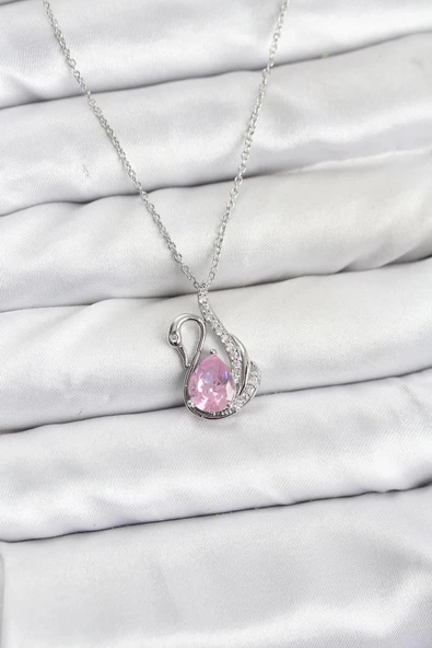 316L Çelik Zincir Gümüş Renk Pembe Kuğu Model Zirkon Taşlı Kadın Kolye ürün görseli 1