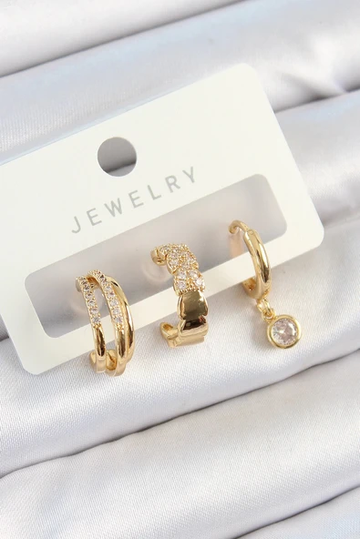 Pirinç Zirkon Taşlı Halka Model Gold Renk 3'lü Çift Kadın Küpe Set ürün görseli 1