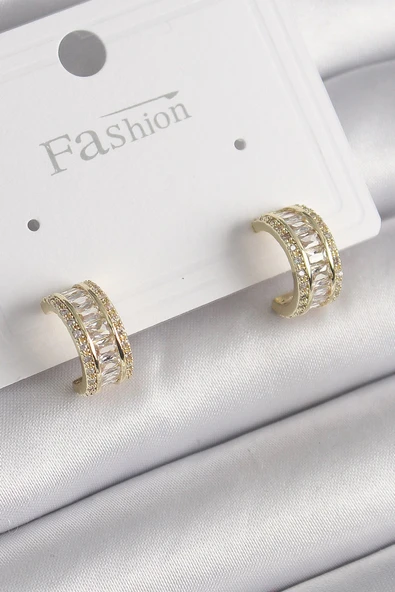 Pirinç Gold Renk Zirkon Taşlı Halka Model Kadın Küpe ürün görseli 1
