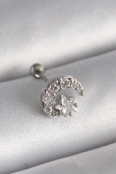 316L Çelik Gümüş Renk Zirkon Taşlı Ay Yıldız Tragus Piercing ürün görseli 1