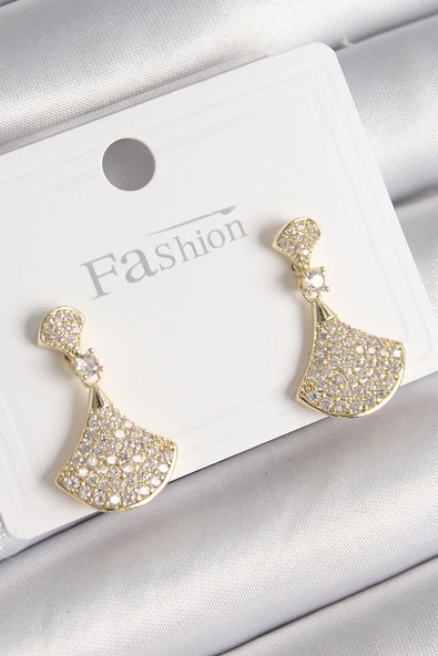 Pirinç Gold Renk Zirkon Taşlı Motif Model Kadın Küpe ürün görseli 1