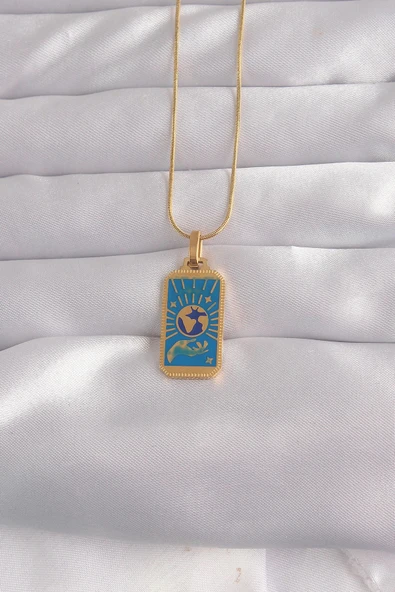 316L Çelik Gold Renk Mavi Mineli El Figür Tarot Kolye ürün görseli 1