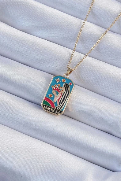 316L Çelik Zincir Altın Renk Taç ve Kız Figürlü Renkli Mineli Tarot Kolye ürün görseli 1